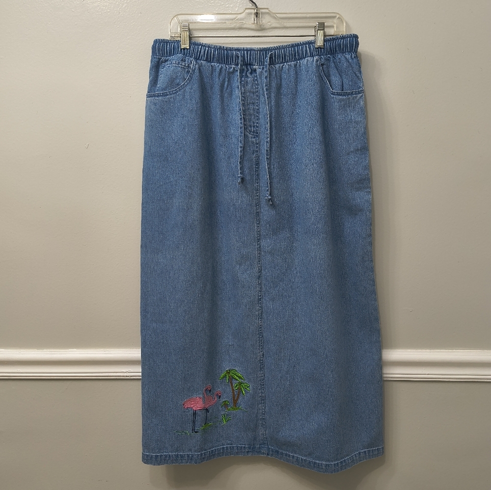 Quacker Factory Denim Pink Flamingos Embroidered Skirt L Minimalist Casual Y2K